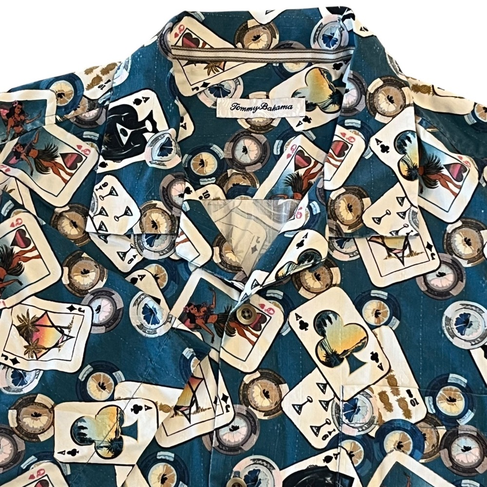 Tommy Bahama Shirt Mens L 100% Silk Hawaiian Hula Girls Playing Cards Poker